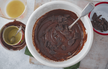 Vegan Chocolate Brownies batter with chocolate chunks