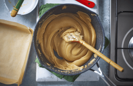 Vegan Fudge recipe mix in a saucepan