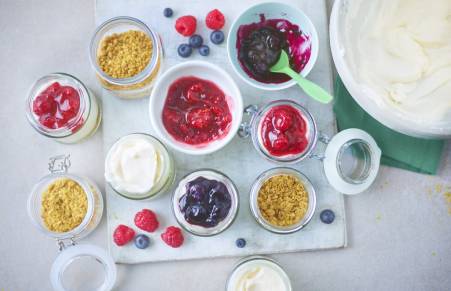 raspberry cheesecake ingredients in bowls