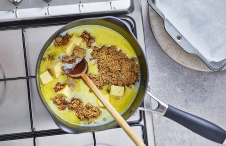 Easter butter toffee ingredients melting in saucepan