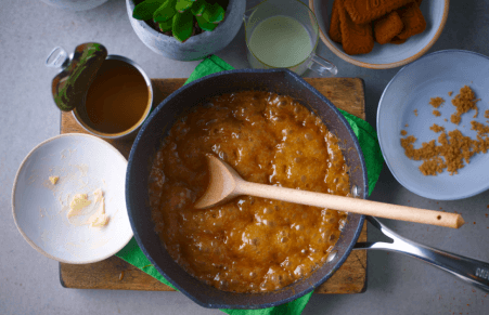 vegan banoffee caramel mixture boiling in pan