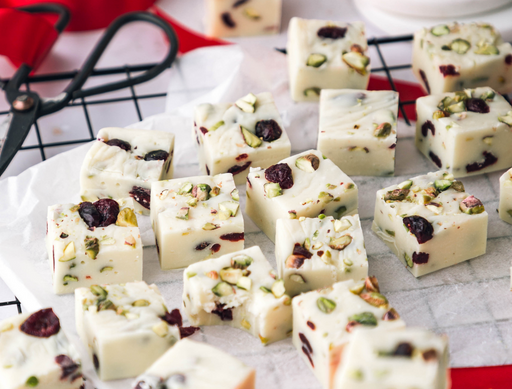 White Chocolate Cranberry and Pistachio Fudge