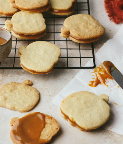 halloween caramel sandwich shortbread biscuits in the shape of pumpkins