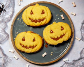 halloween caramel sandwich shortbread biscuits in the shape of pumpkins