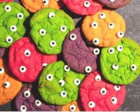 halloween monster brightly coloured cookies with googly eyes