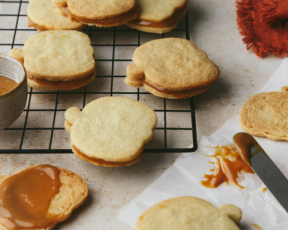 halloween caramel sandwich shortbread biscuits in the shape of pumpkins