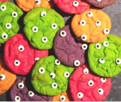 halloween monster brightly coloured cookies with googly eyes